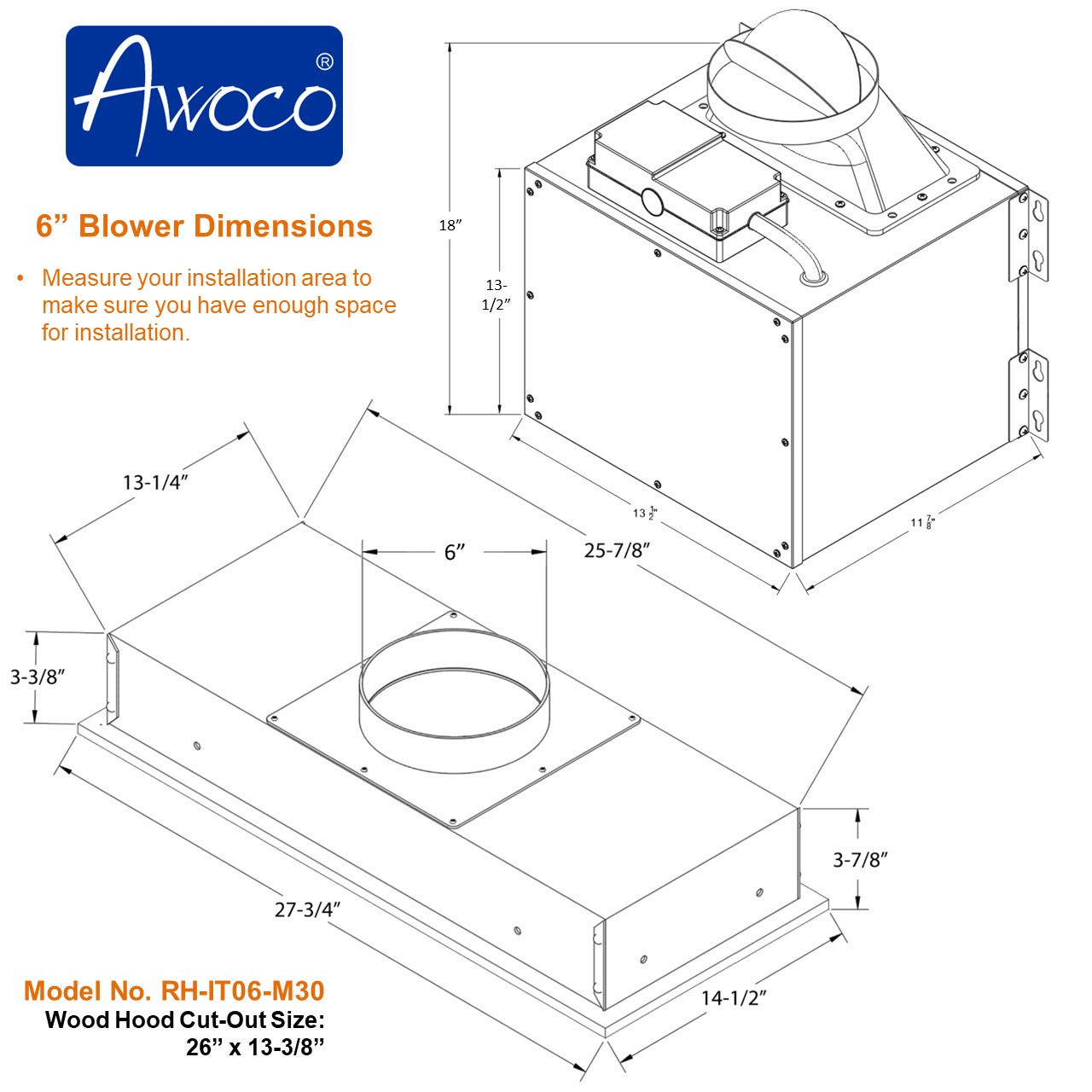 Awoco RH-IT06-M 14-1/2"D Super Quiet Split Insert Stainless Steel Range Hood, 4 Speeds with a 6" Blower Unit 800CFM LED Lights