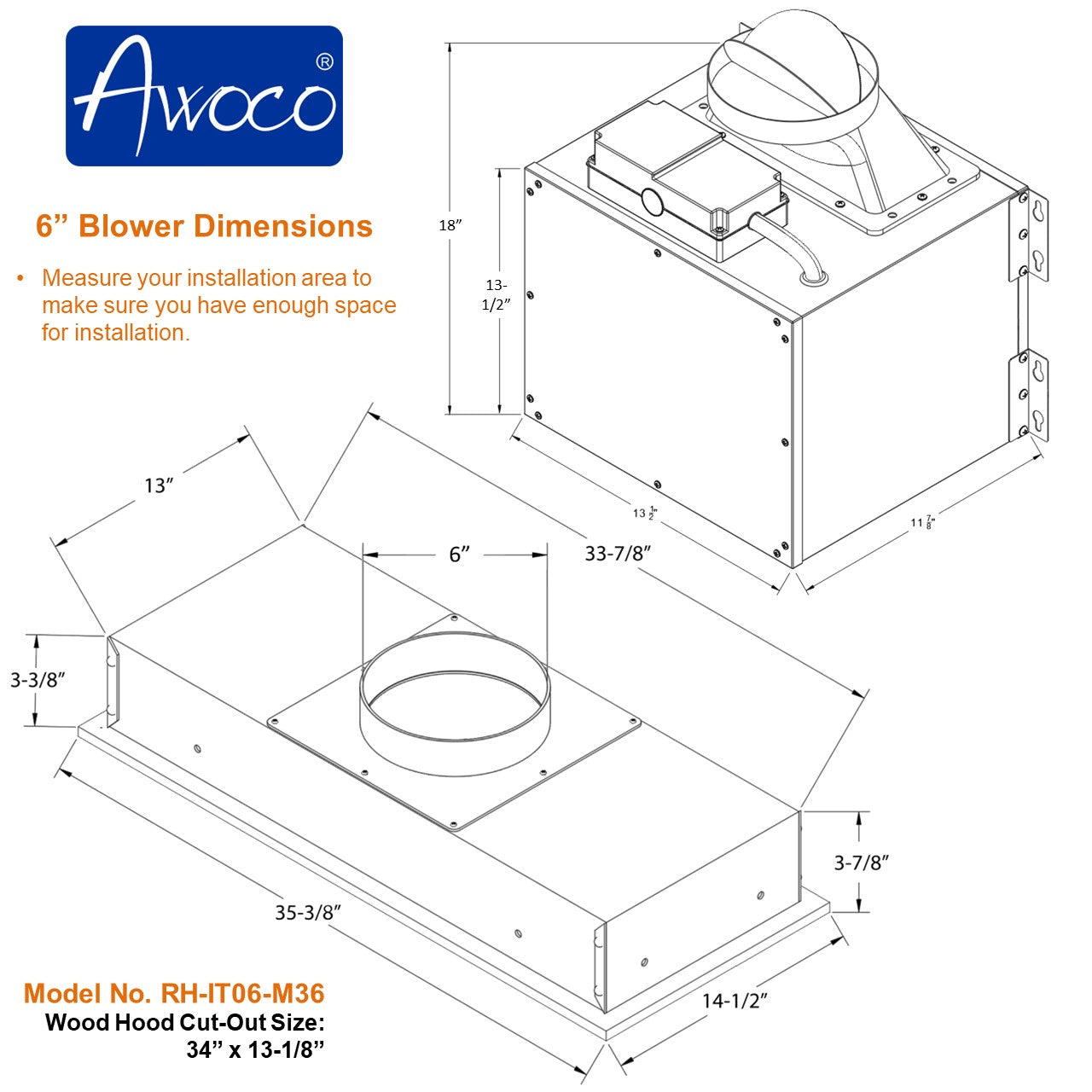 Awoco RH-IT06-M 14-1/2"D Super Quiet Split Insert Stainless Steel Range Hood, 4 Speeds with a 6" Blower Unit 800CFM LED Lights