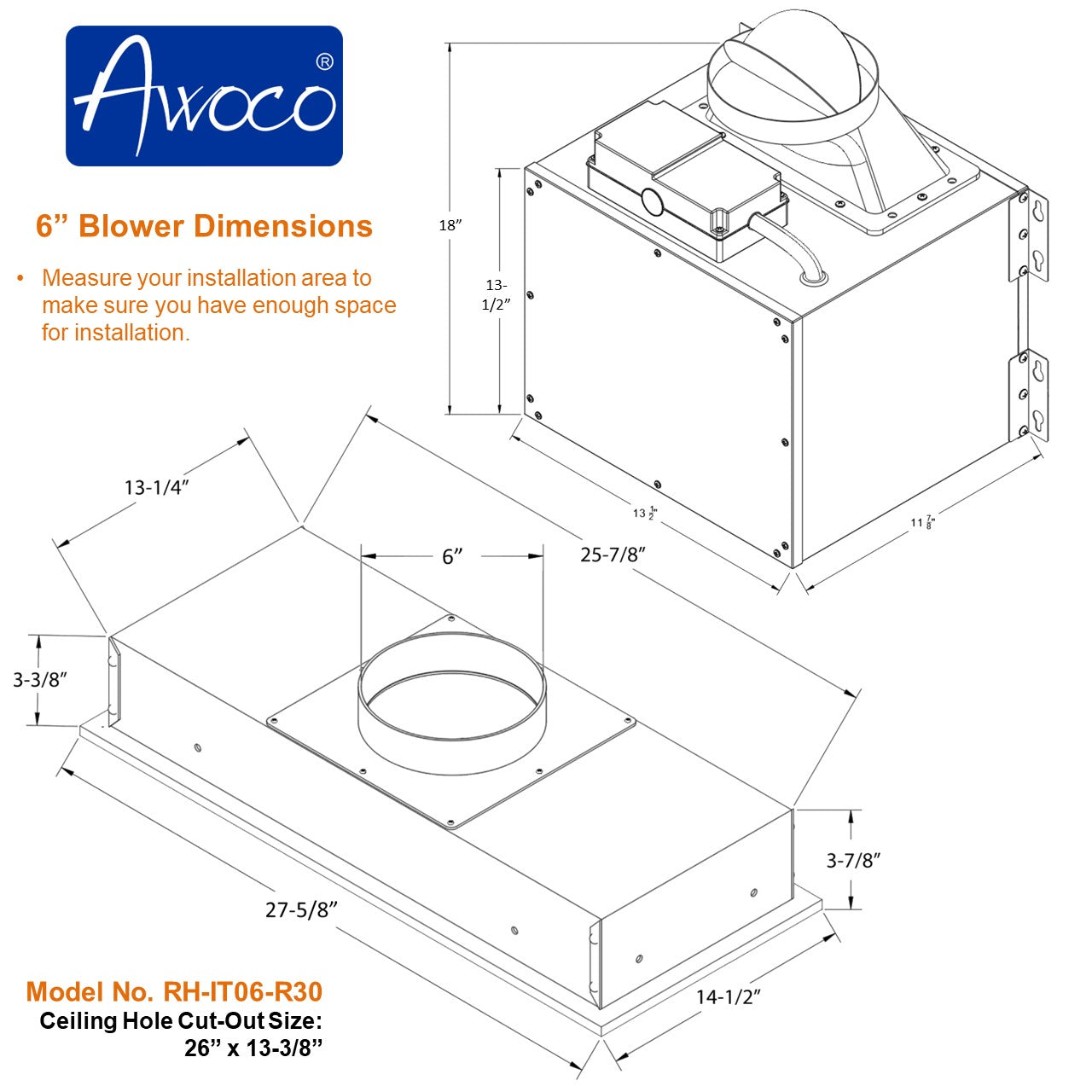 Awoco RH-IT06-R Ceiling Mount 14-1/2”D Super Quiet Split Stainless Steel Range Hood, 4-Speed 800 CFM Remote Control with 6” Blower