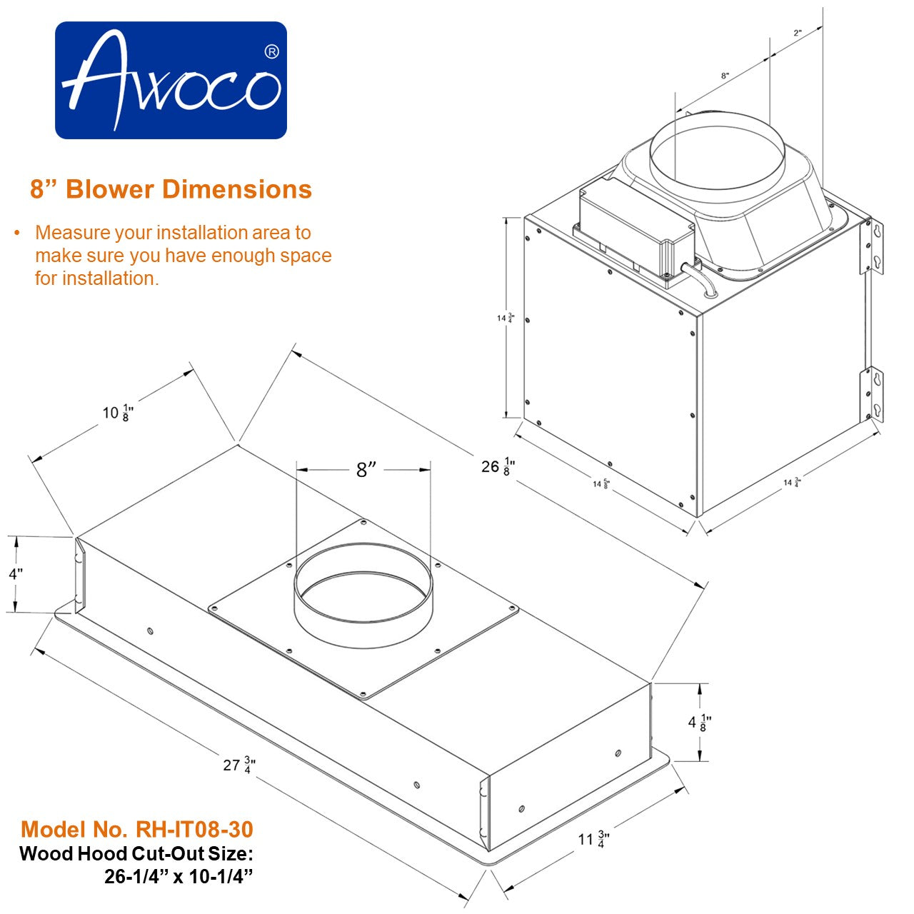 Awoco RH-IT08 11-3/4"D Super Quiet Split Insert Stainless Steel Range Hood, 4 Speeds with a 8” Blower Unit 1000CFM Mesh Filters LED Lights