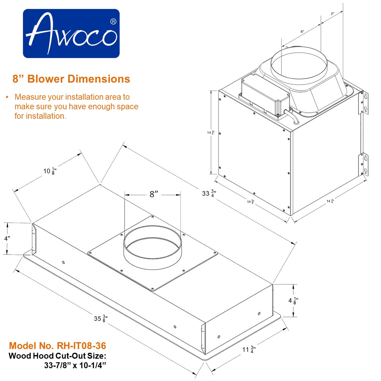 Awoco RH-IT08 11-3/4"D Super Quiet Split Insert Stainless Steel Range Hood, 4 Speeds with a 8” Blower Unit 1000CFM Mesh Filters LED Lights