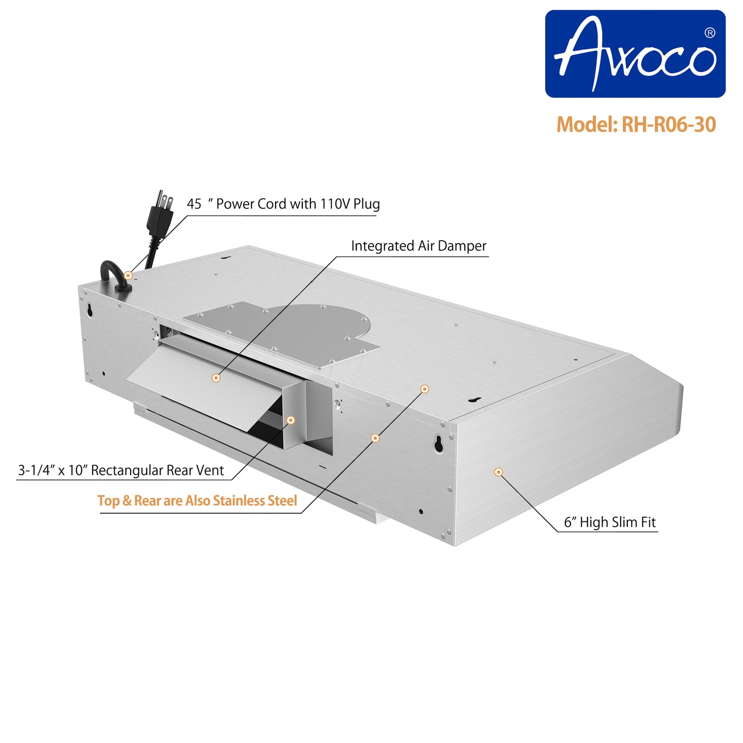 Awoco 30" Under Cabinet Classic 6”H Stainless Steel Range Hood, 4 Speeds 900CFM LED Lights