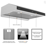 Awoco 36" Stainless Steel Under Cabinet 6 Speeds 900 CFM Range Hood with Tempered Glass Touch Panel, LED Lights, Baffle Filters and Oil Collector, 7" High