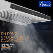 Awoco 30" Stainless Steel Under Cabinet 6 Speeds 900 CFM Range Hood with Tempered Glass Touch Panel, LED Lights, Baffle Filters and Oil Collector, 7" High