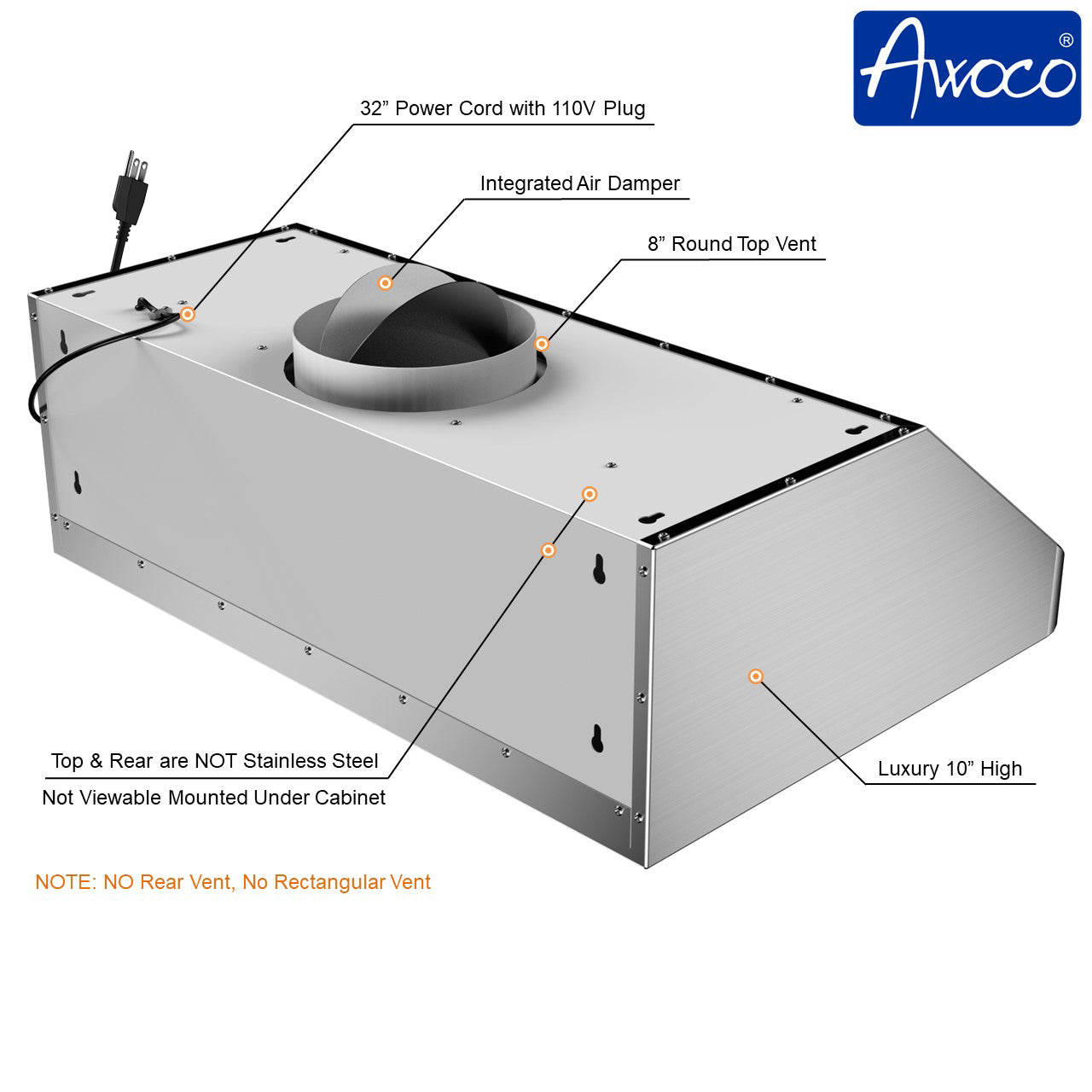 Awoco 30" Under Cabinet Supreme 10”H Stainless Steel Range Hood, 4 Speeds 8” Round Top Vent 1000CFM with Remote Control