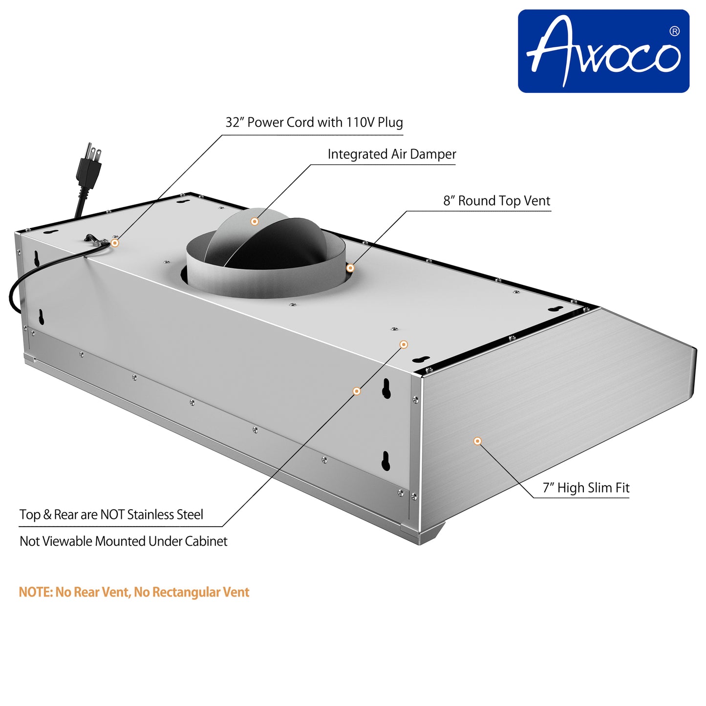 Awoco 30" Under Cabinet Supreme 7”H Stainless Steel Range Hood, 4 Speeds 8” Round Top Vent 1000CFM with Remote Control