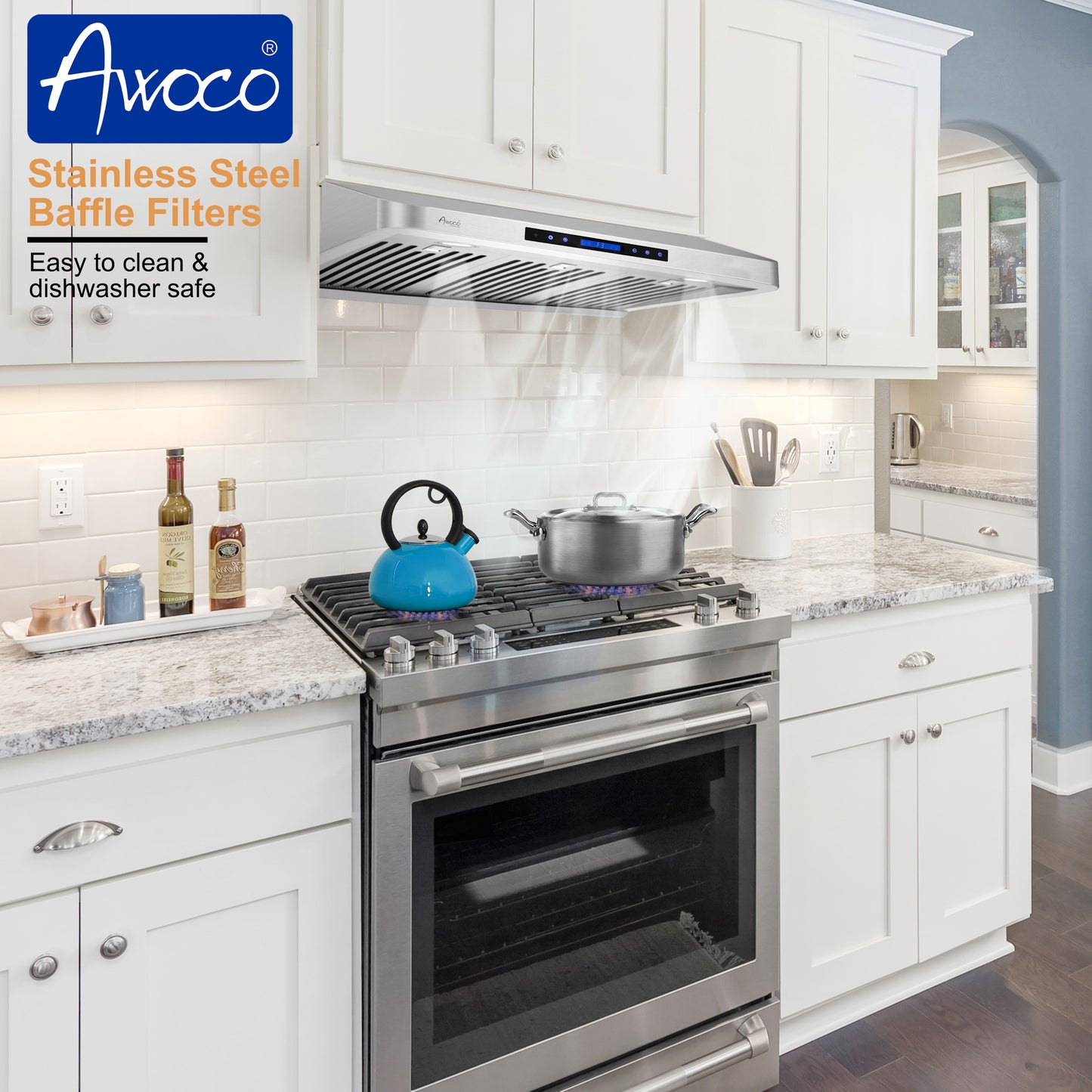 Awoco 30" Under Cabinet Supreme 7”H Stainless Steel Range Hood, 4 Speeds 8” Round Top Vent 1000CFM with Remote Control