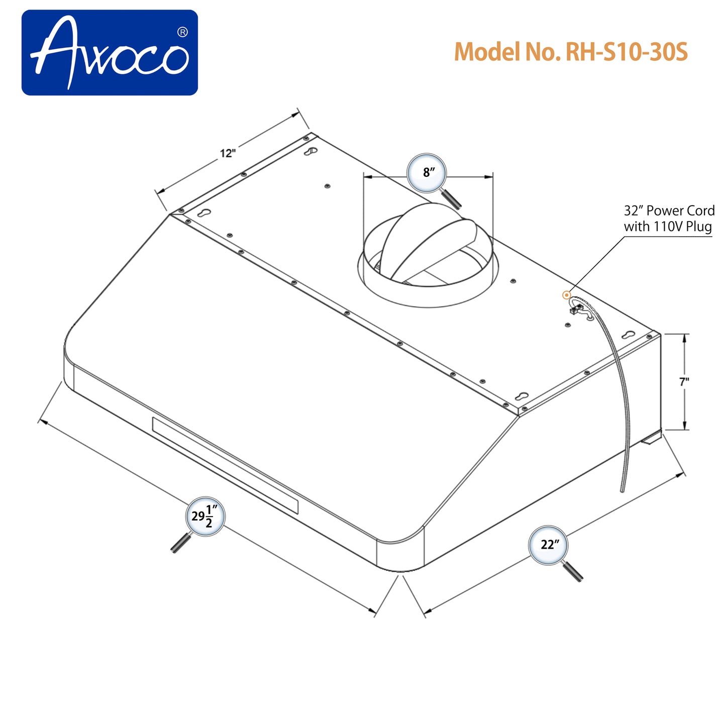 Awoco 30" Under Cabinet Supreme 7”H Stainless Steel Range Hood, 4 Speeds 8” Round Top Vent 1000CFM with Remote Control