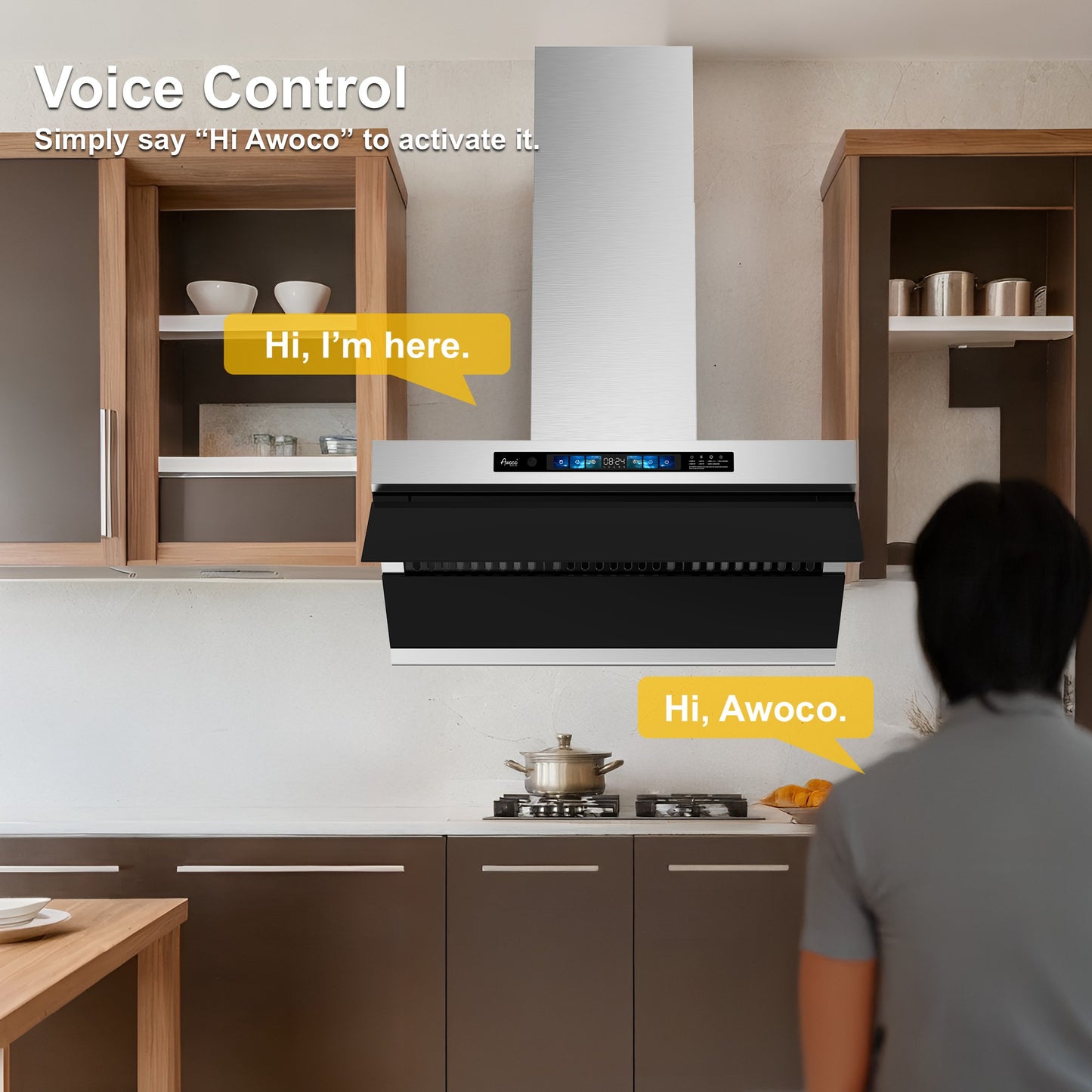 Awoco RH-SX Under Cabinet Range Hood, Side-Draft Design, 4 Speeds Exhaust Fan with 800 CFM, Voice, Gesture, Touch & Remote Control, 6" Vent, Dimmable LED Light Bars