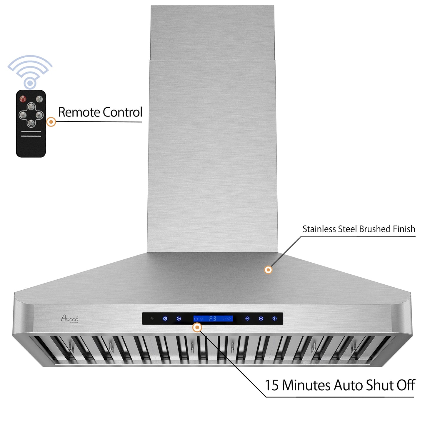 Awoco 36" Wall Mount Stainless Steel Range Hood, 4 Speeds 6” Round Top Vent 900CFM 2 LED Lights with Remote Control