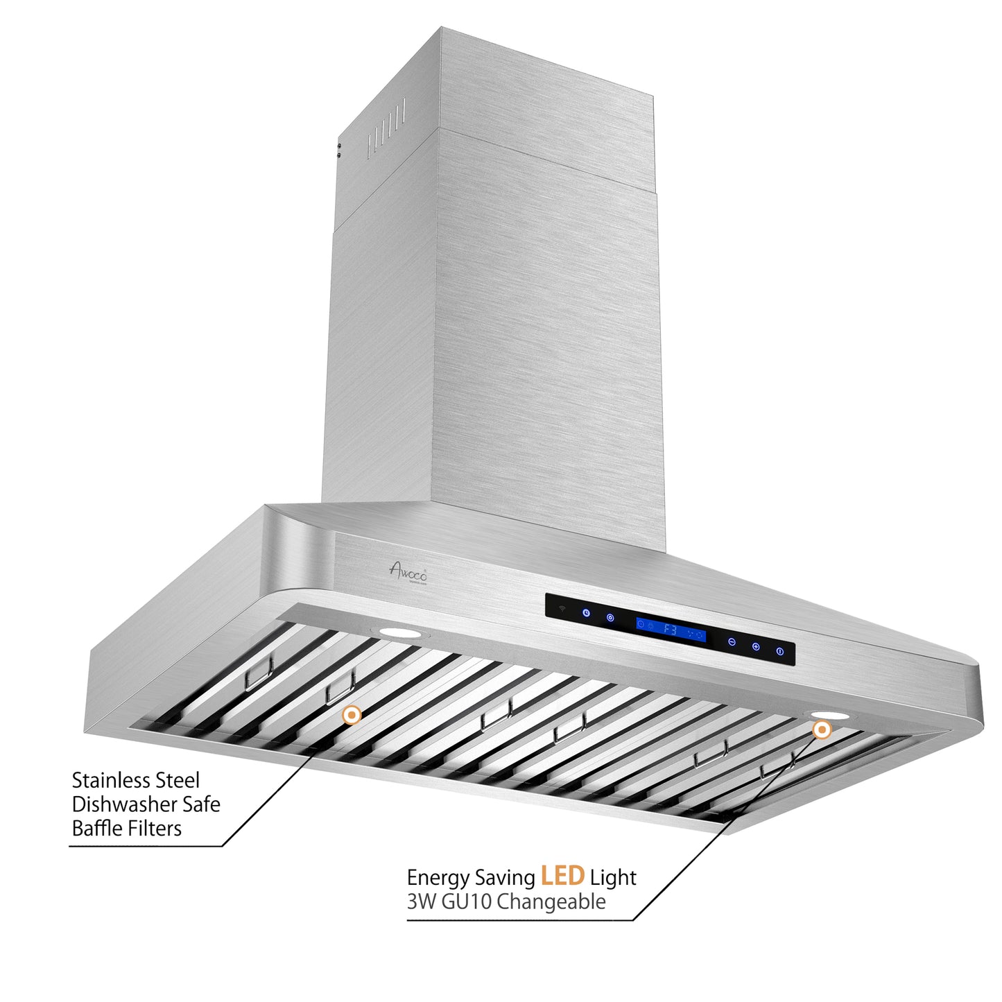 Awoco 30" Wall Mount Stainless Steel Range Hood, 4 Speeds 6” Round Top Vent 900CFM 2 LED Lights with Remote Control