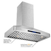 Awoco 30" Wall Mount Stainless Steel Range Hood, 4 Speeds 6” Round Top Vent 900CFM 2 LED Lights with Remote Control