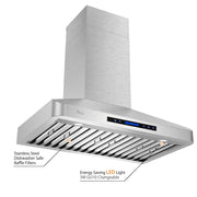 Awoco 36" Wall Mount Stainless Steel Range Hood, 4 Speeds 6” Round Top Vent 900CFM 2 LED Lights with Remote Control