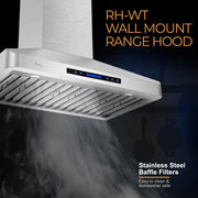 Awoco 30" Wall Mount Stainless Steel Range Hood, 4 Speeds 6” Round Top Vent 900CFM 2 LED Lights with Remote Control