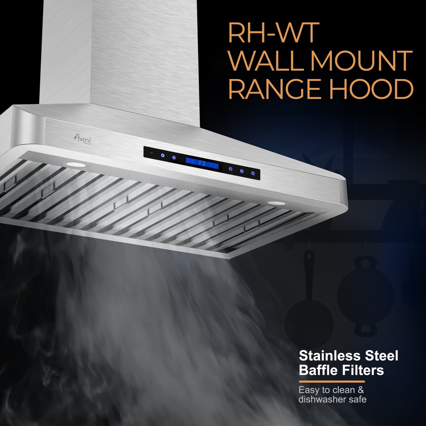 Awoco 36" Wall Mount Stainless Steel Range Hood, 4 Speeds 6” Round Top Vent 900CFM 2 LED Lights with Remote Control