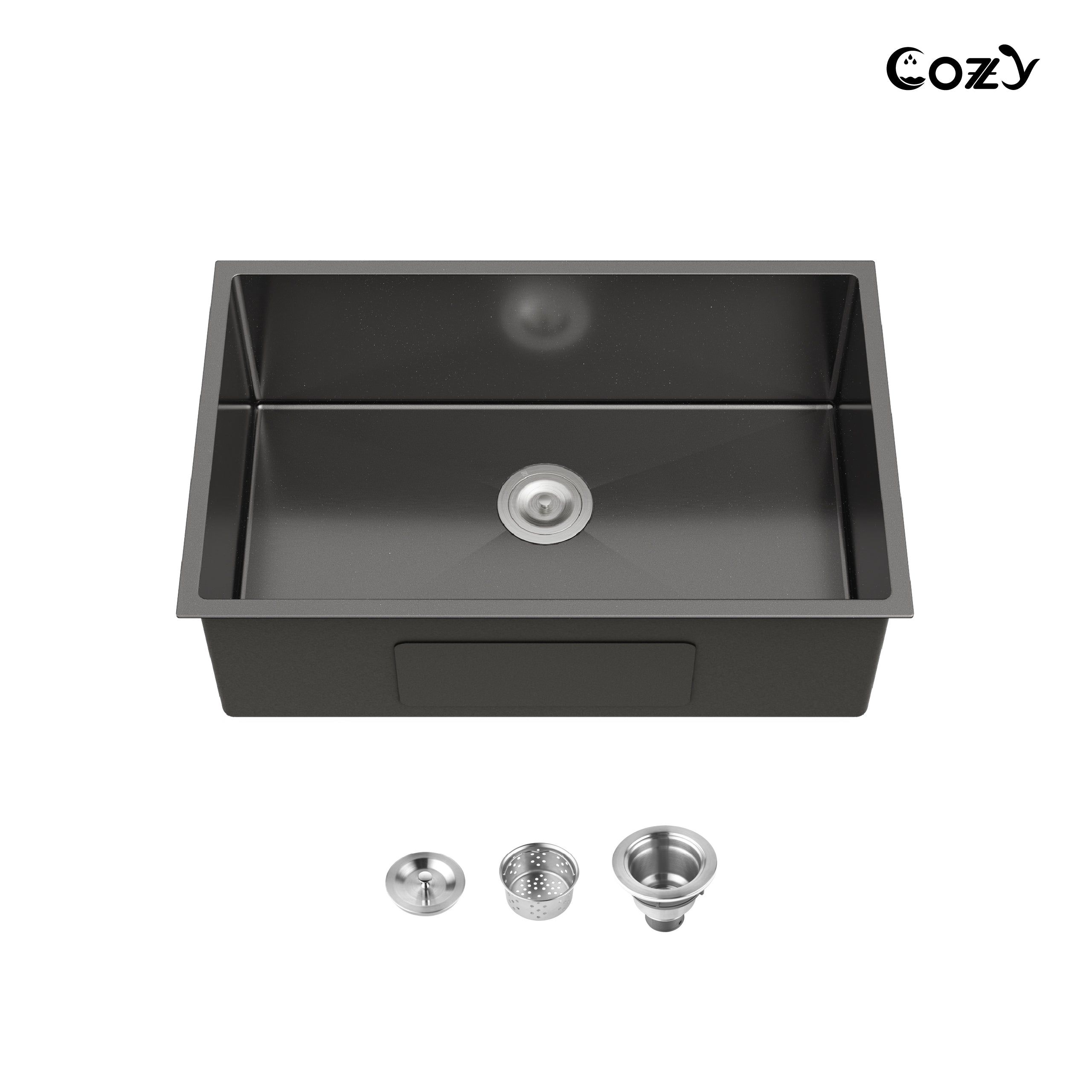 COZY 30" x 19" Black Stainless Steel Kitchen Sink Single Bowl Undermount Handmade Sink with Drain and Hook, CZY-SS-BL04D-301908