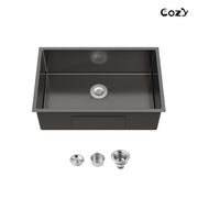 COZY 30英寸x19英寸黑色不锈钢厨房水槽单槽台下式手工水槽带下水器和挂钩，型号CZY-SS-BL04D-301908