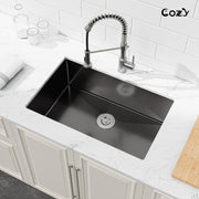 COZY 30英寸x19英寸黑色不锈钢厨房水槽单槽台下式手工水槽带下水器和挂钩，型号CZY-SS-BL04D-301908