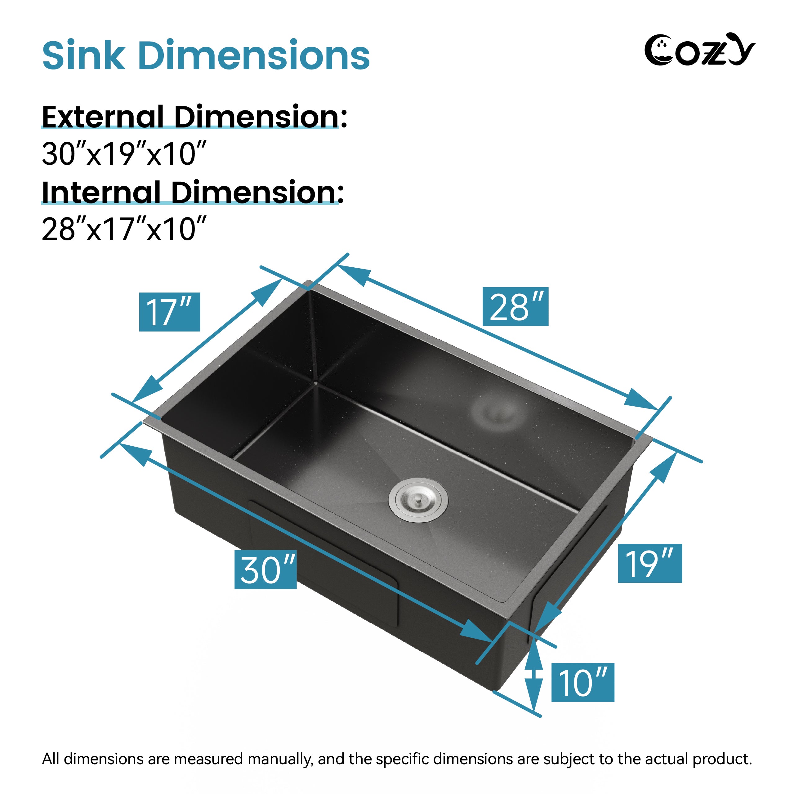 COZY 30" x 19" Black Stainless Steel Kitchen Sink Single Bowl Undermount Handmade Sink with Drain and Hook, CZY-SS-BL04D-301908