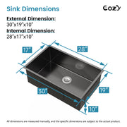 COZY 30英寸x19英寸黑色不锈钢厨房水槽单槽台下式手工水槽带下水器和挂钩，型号CZY-SS-BL04D-301908