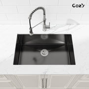 COZY 30英寸x19英寸黑色不锈钢厨房水槽单槽台下式手工水槽带下水器和挂钩，型号CZY-SS-BL04D-301908