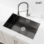 COZY 30英寸x19英寸黑色不锈钢厨房水槽单槽台下式手工水槽带下水器和挂钩，型号CZY-SS-BL04D-301908