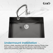 COZY 30英寸x19英寸黑色不锈钢厨房水槽单槽台下式手工水槽带下水器和挂钩，型号CZY-SS-BL04D-301908