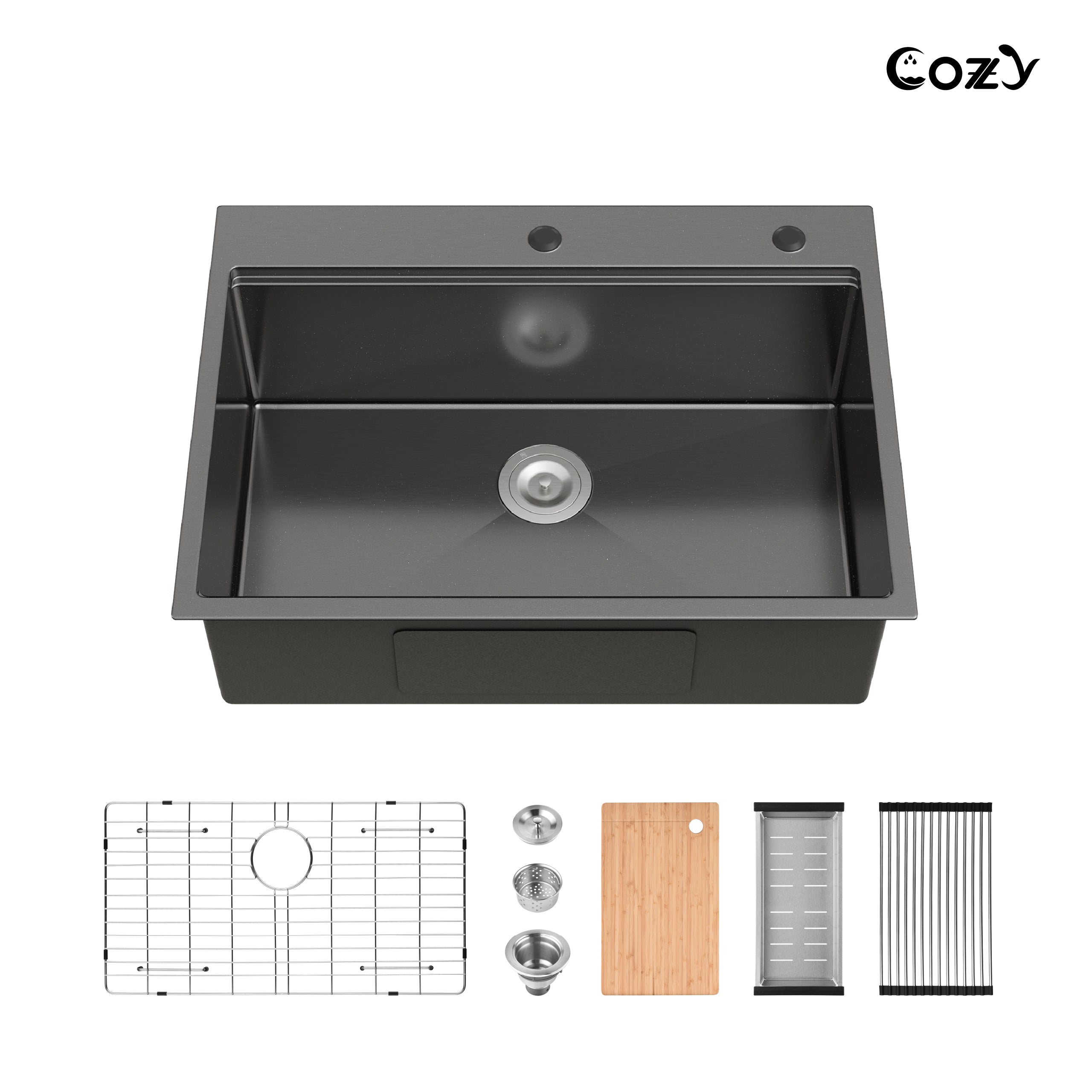 COZY 30″x22″ Black Stainless Steel Single Bowl Overmount Kitchen Sink with Board, Colander & Grid, CZY-SS-BL-08