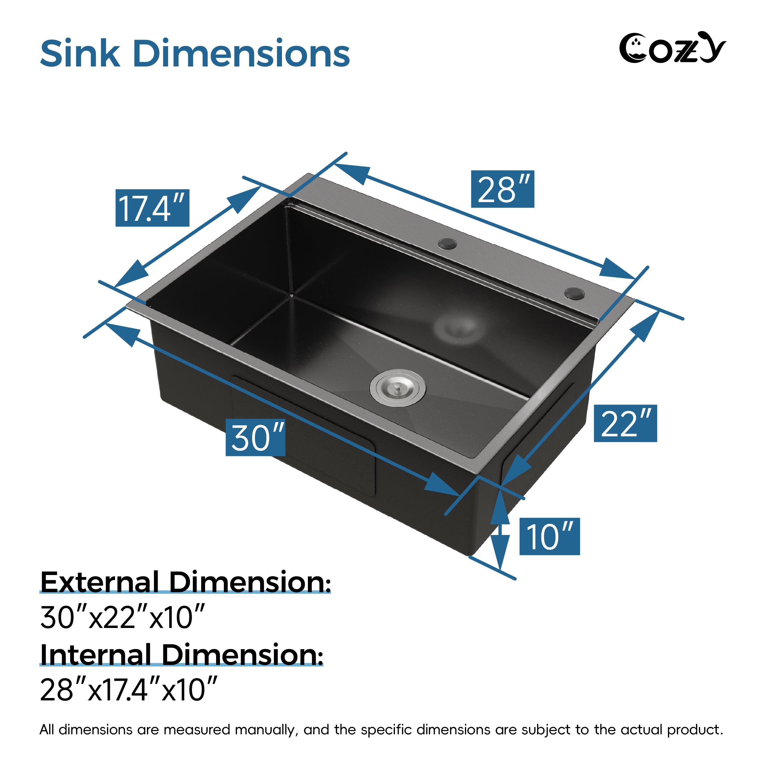COZY 30″x22″ Black Stainless Steel Single Bowl Overmount Kitchen Sink with Board, Colander & Grid, CZY-SS-BL-08