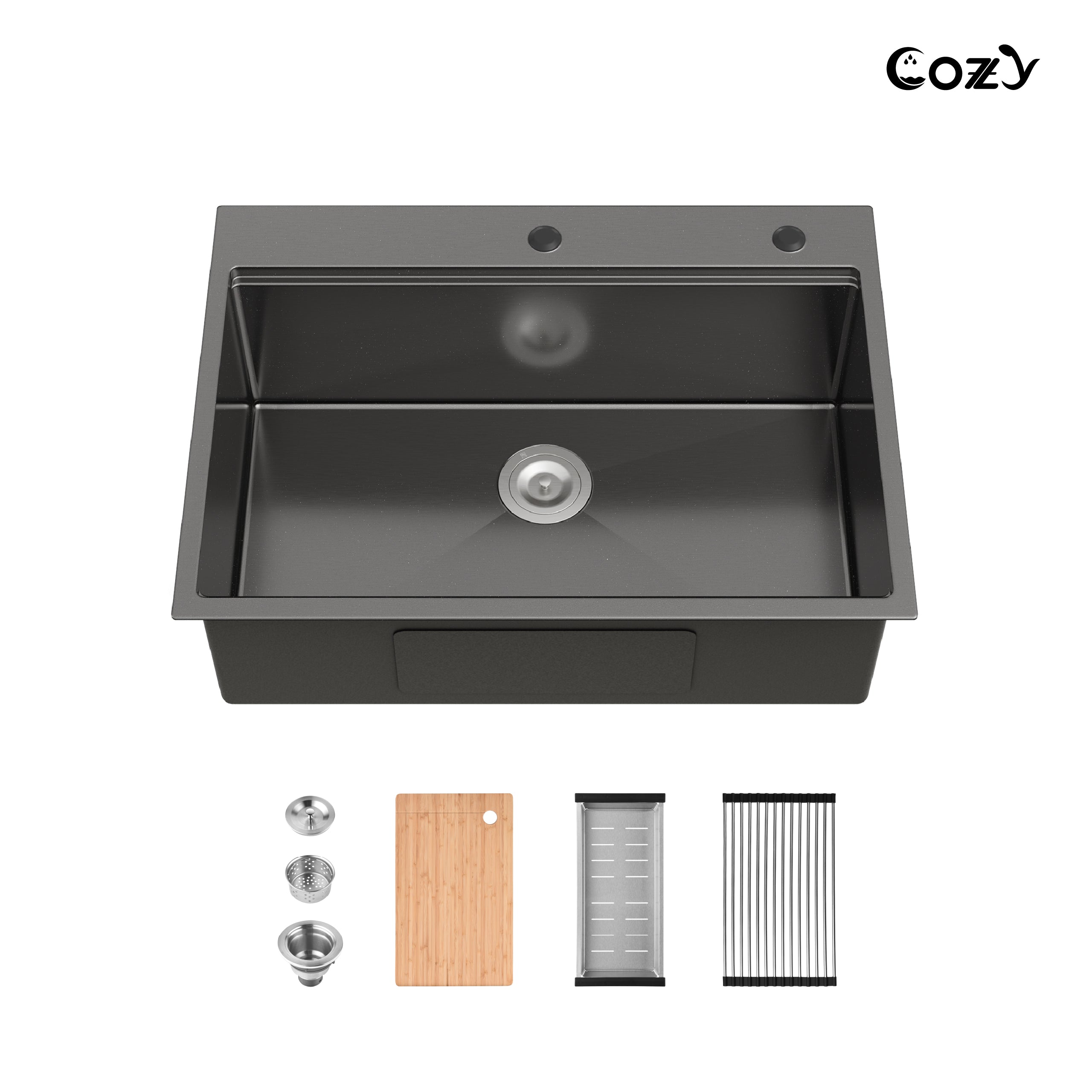 COZY 30" x 22" Black Stainless Steel Workstation Sink Overmount Single Bowl Black Finish with Cutting Board and Colander, CZY-SS-BL01D-302208-2