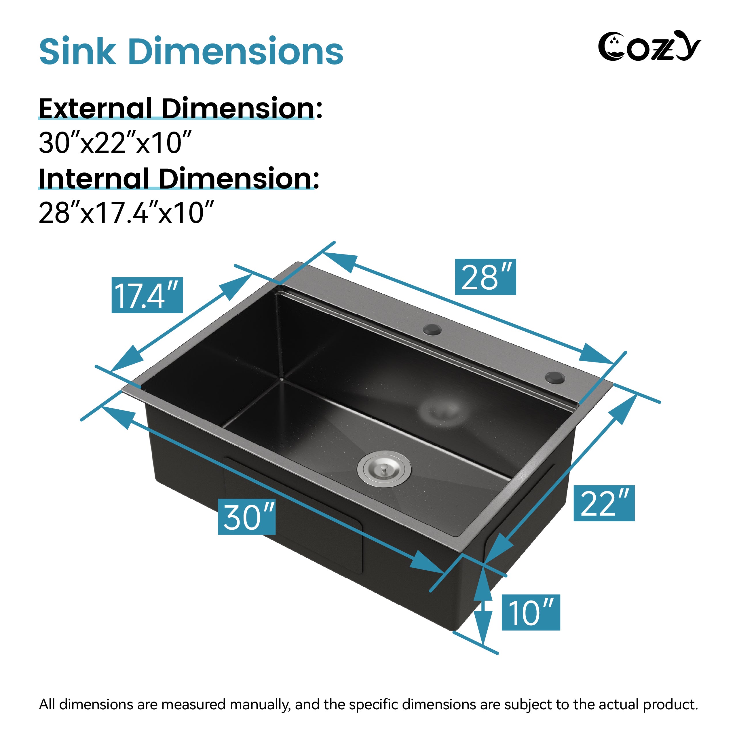 COZY 30" x 22" Black Stainless Steel Workstation Sink Overmount Single Bowl Black Finish with Cutting Board and Colander, CZY-SS-BL01D-302208-2