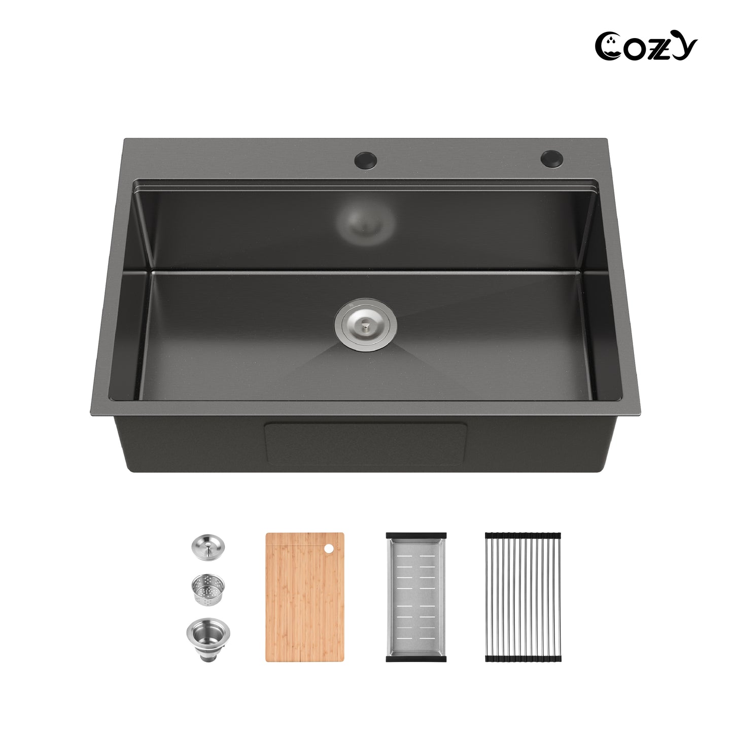 COZY 33" x 22" 黑色不锈钢厨房水槽，单槽台面上装手工水槽，带砧板沥水篮，CZY-SS-BL01D-332208-2