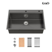 COZY 33" x 22" 黑色不锈钢厨房水槽，单槽台面上装手工水槽，带砧板沥水篮，CZY-SS-BL01D-332208-2