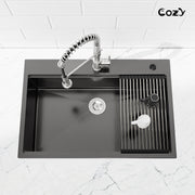 COZY 33" x 22" 黑色不锈钢厨房水槽，单槽台面上装手工水槽，带砧板沥水篮，CZY-SS-BL01D-332208-2