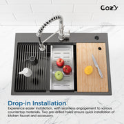 COZY 33" x 22" 黑色不锈钢厨房水槽，单槽台面上装手工水槽，带砧板沥水篮，CZY-SS-BL01D-332208-2