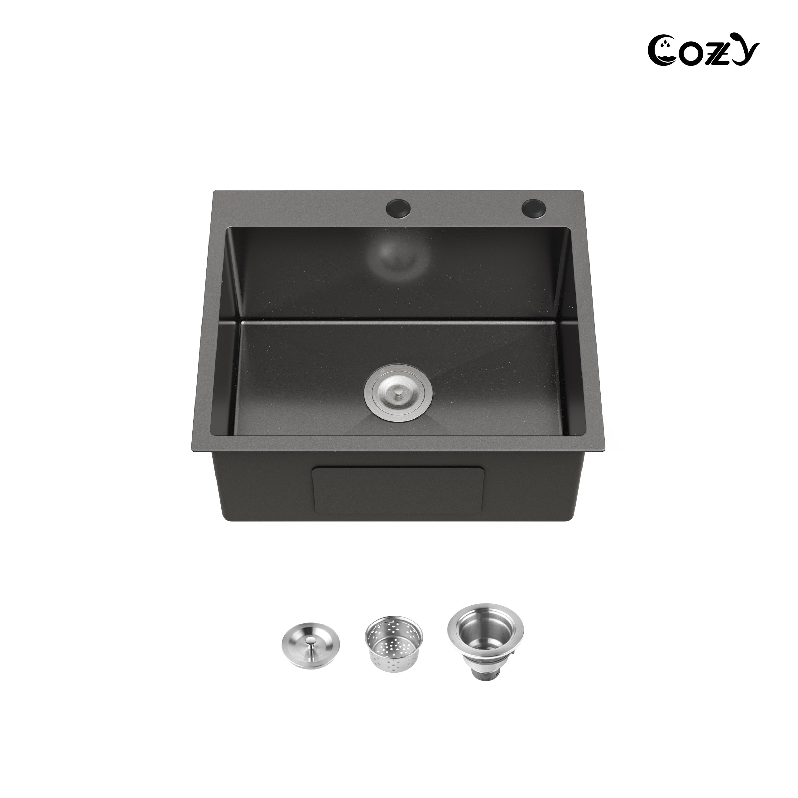 COZY 23"x19" 黑色不锈钢厨房水槽单槽台上式手工水槽带沥水器和挂钩，CZY-SS-BL02D-231908-2
