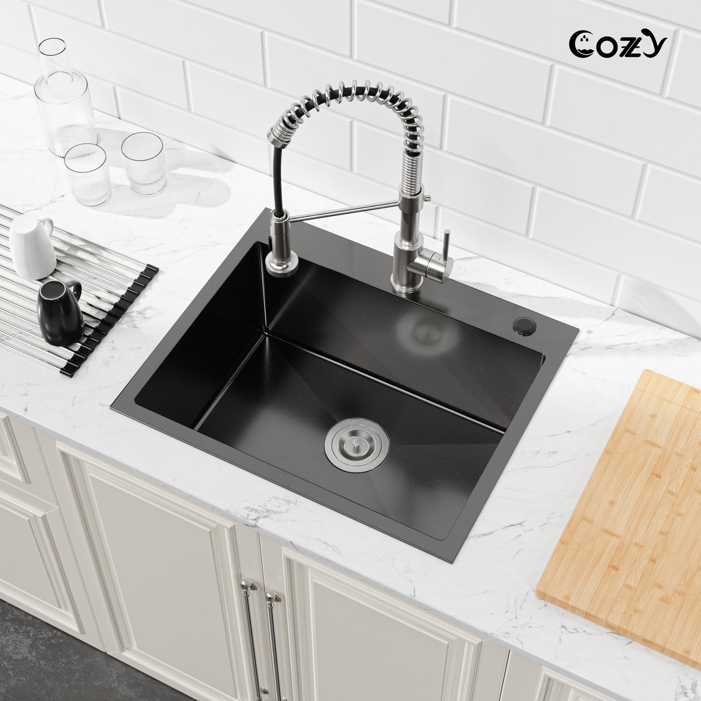 COZY 23"x19" 黑色不锈钢厨房水槽单槽台上式手工水槽带沥水器和挂钩，CZY-SS-BL02D-231908-2
