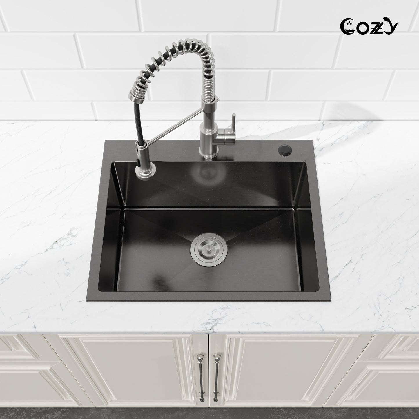 COZY 23"x19" 黑色不锈钢厨房水槽单槽台上式手工水槽带沥水器和挂钩，CZY-SS-BL02D-231908-2