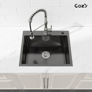 COZY 23"x19" 黑色不锈钢厨房水槽单槽台上式手工水槽带沥水器和挂钩，CZY-SS-BL02D-231908-2