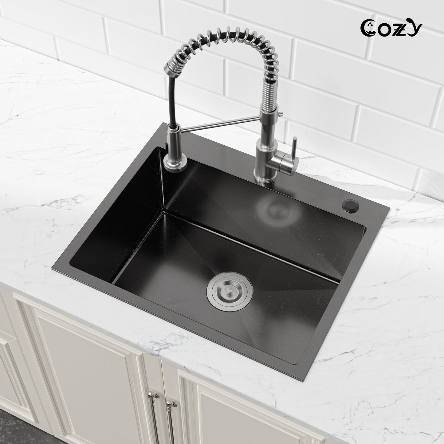 COZY 23"x19" 黑色不锈钢厨房水槽单槽台上式手工水槽带沥水器和挂钩，CZY-SS-BL02D-231908-2