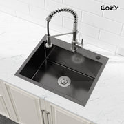 COZY 23"x19" 黑色不锈钢厨房水槽单槽台上式手工水槽带沥水器和挂钩，CZY-SS-BL02D-231908-2