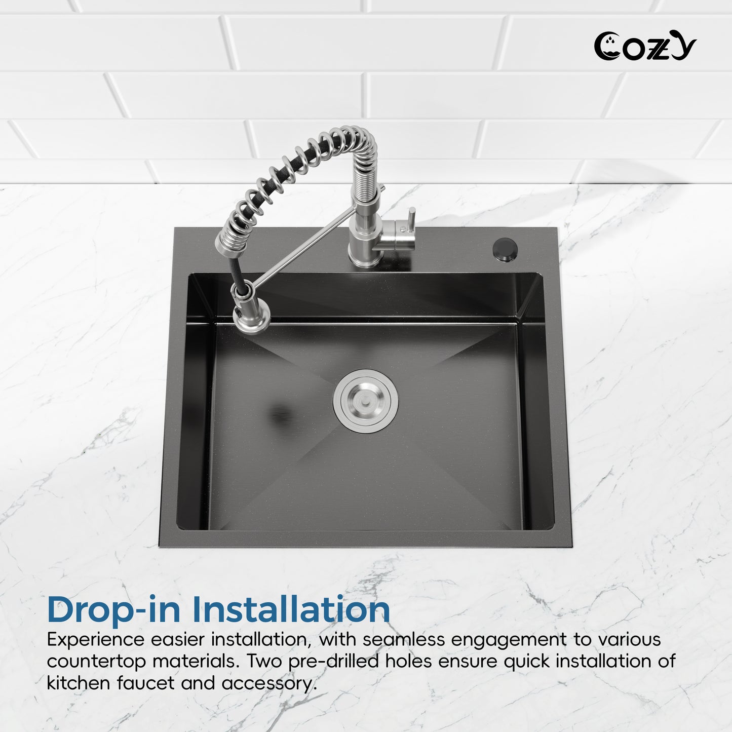 COZY 23"x19" 黑色不锈钢厨房水槽单槽台上式手工水槽带沥水器和挂钩，CZY-SS-BL02D-231908-2