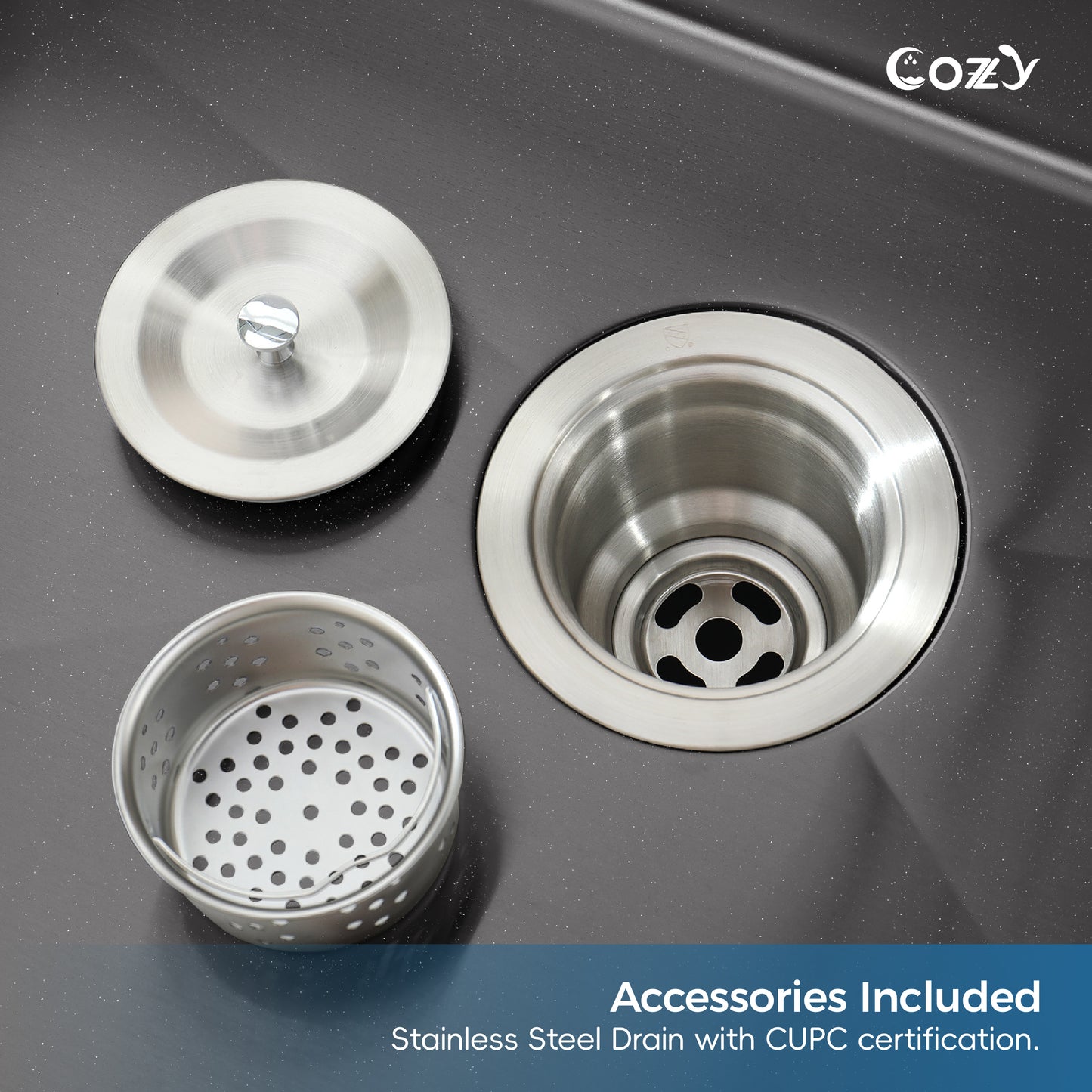 COZY 23"x19" 黑色不锈钢厨房水槽单槽台上式手工水槽带沥水器和挂钩，CZY-SS-BL02D-231908-2