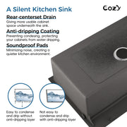 COZY 23"x19" 黑色不锈钢厨房水槽单槽台上式手工水槽带沥水器和挂钩，CZY-SS-BL02D-231908-2
