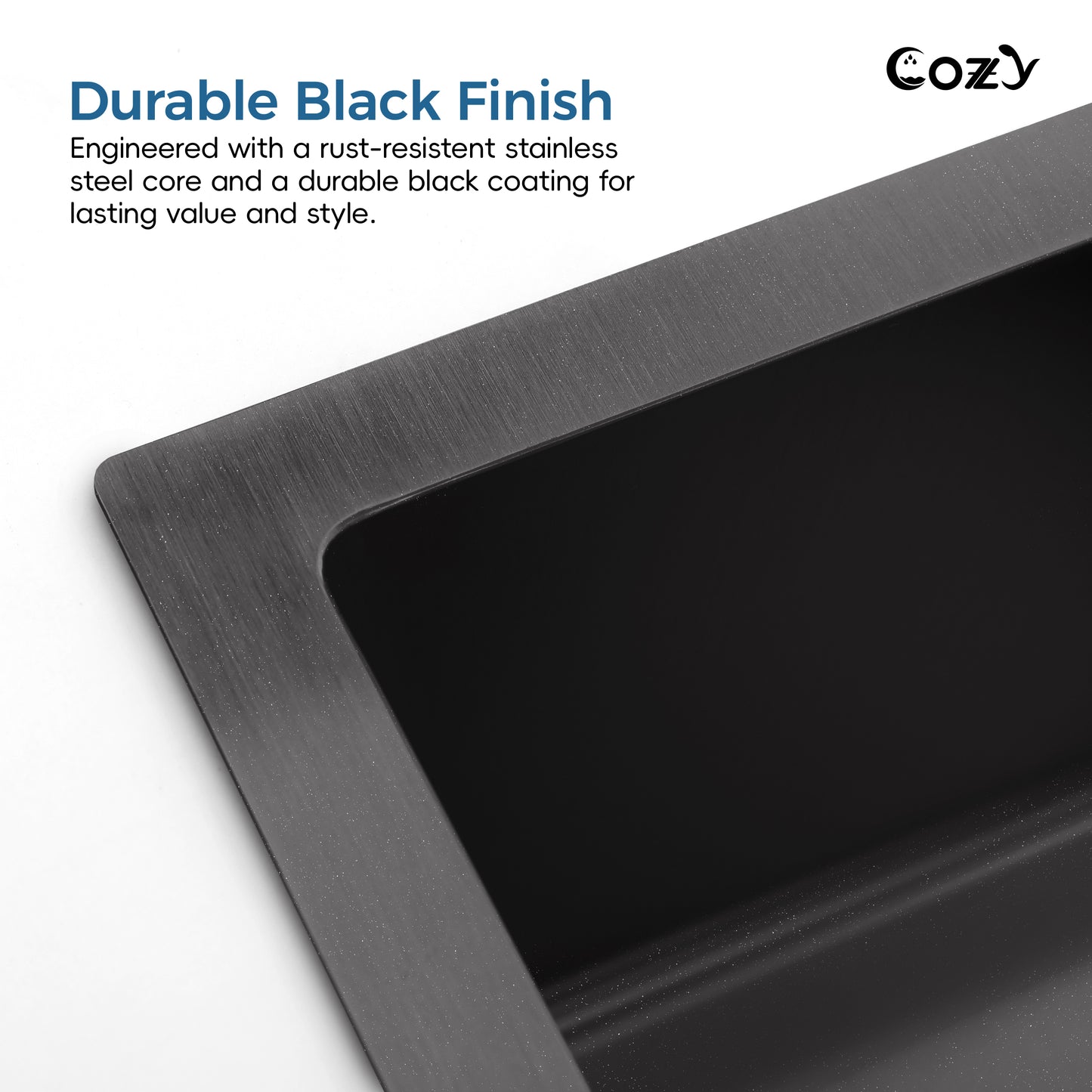 COZY 23"x19" 黑色不锈钢厨房水槽单槽台上式手工水槽带沥水器和挂钩，CZY-SS-BL02D-231908-2