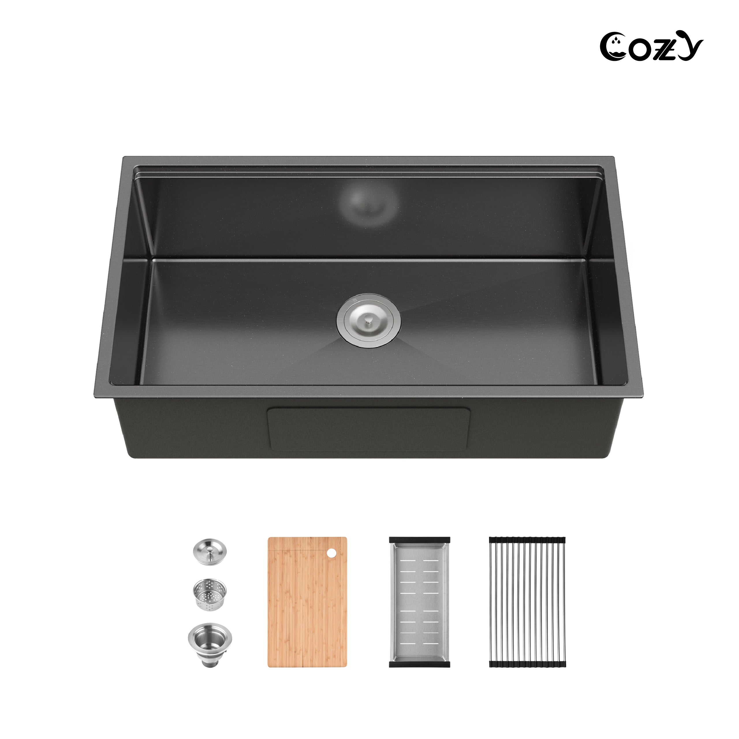 Cozy 33" x 19" Black Stainless Steel Kitchen Sink Single Bowl Undermount Handmade Sink with Cutting Board and Colander, CZY-SS-BL07D-331908-2
