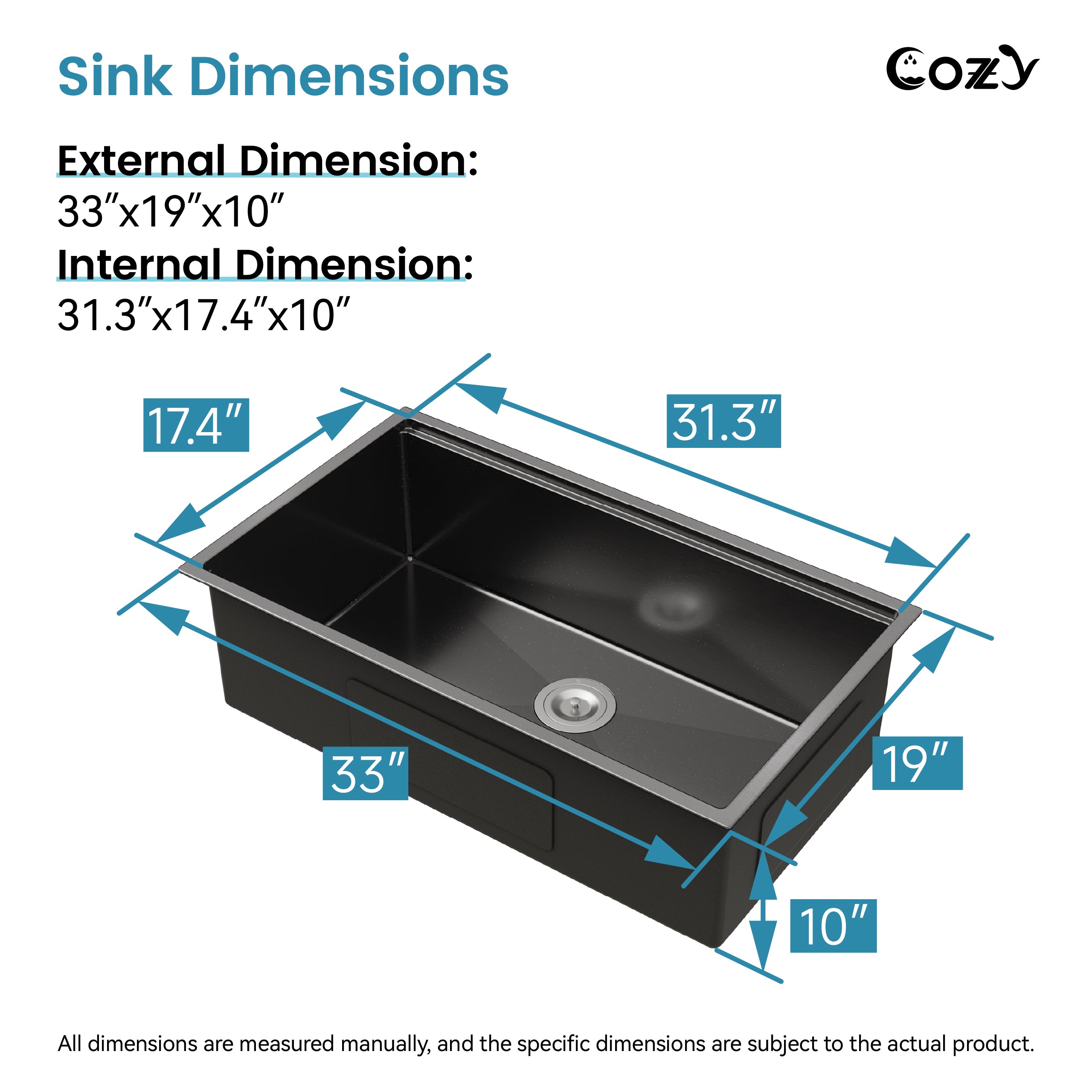 Cozy 33" x 19" Black Stainless Steel Kitchen Sink Single Bowl Undermount Handmade Sink with Cutting Board and Colander, CZY-SS-BL07D-331908-2