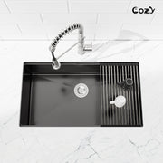 舒适型33" x 19" 黑色不锈钢厨房水槽单槽台下式手工水槽带砧板和沥水篮，CZY-SS-BL07D-331908-2