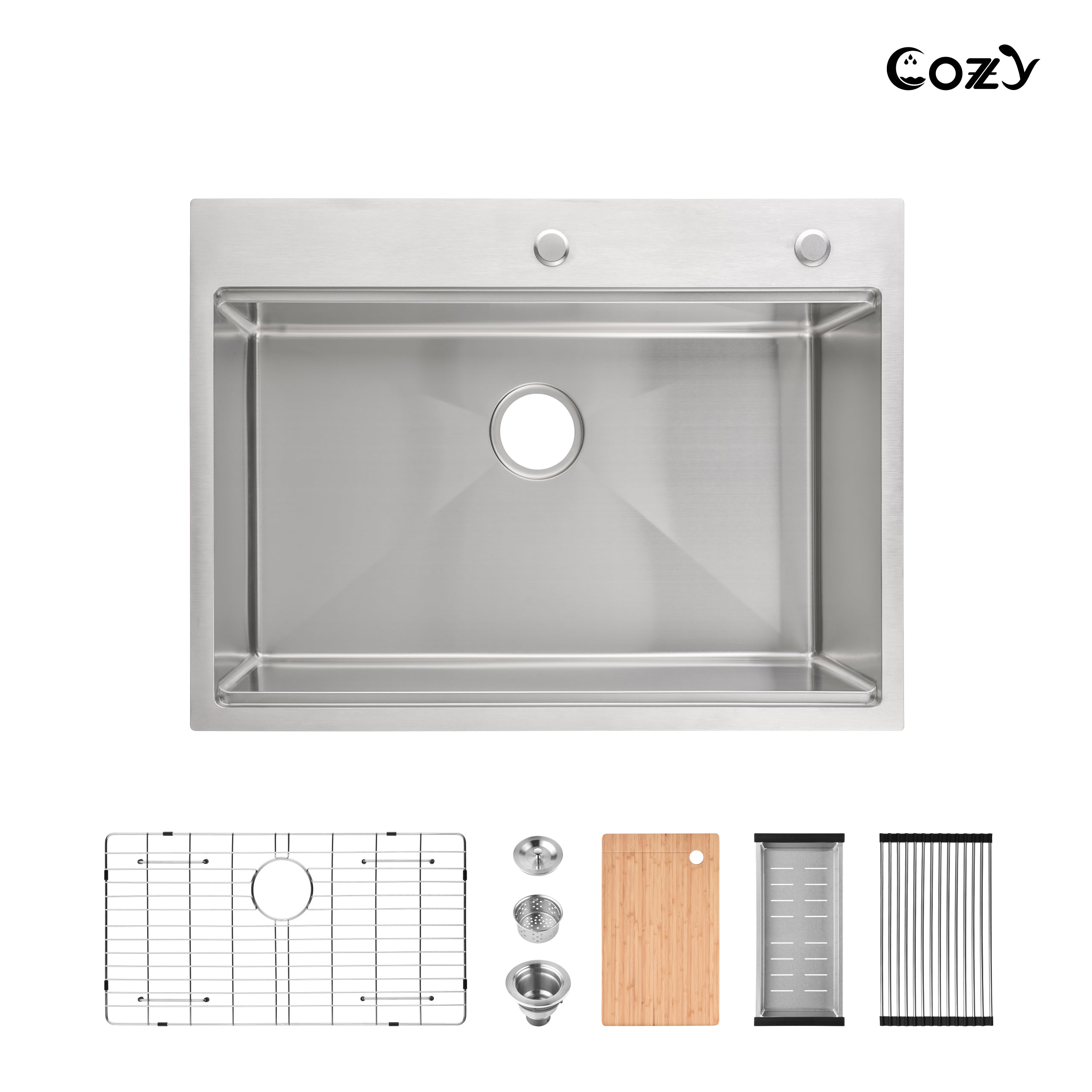 COZY 30" x 22" Stainless Steel Workstation Sink Overmount Single Bowl with Cutting Board Colander and Grid, CZY-SS-BR-08