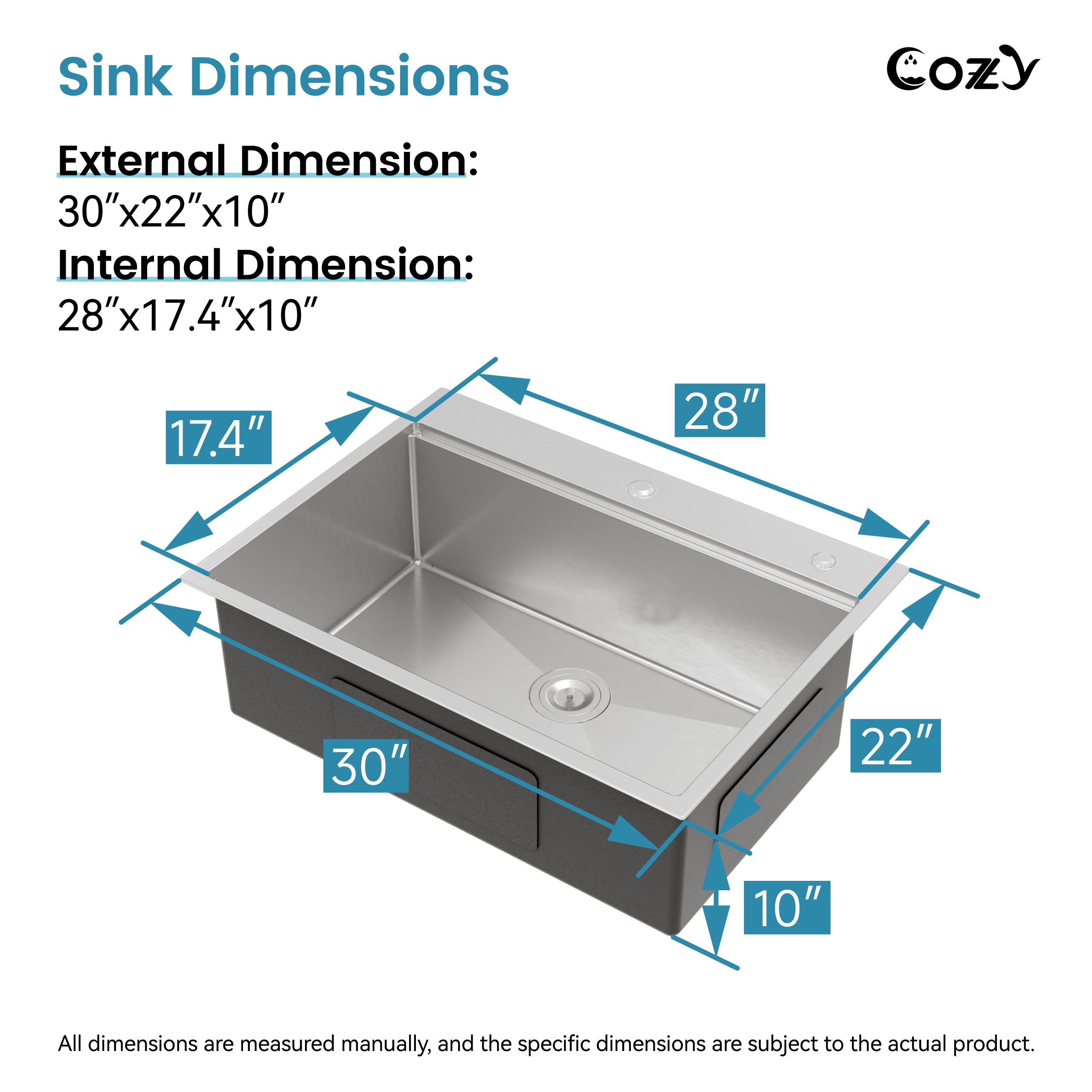 COZY 30" x 22" Stainless Steel Workstation Sink Overmount Single Bowl with Cutting Board Colander and Grid, CZY-SS-BR-08